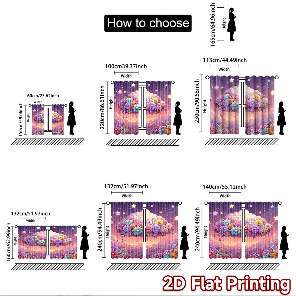 2D flat printing 2pcs Party Curtains Dreamy Cloud Flowers Starry Night Digital Printed Polyester Drapes Festive Curtains for