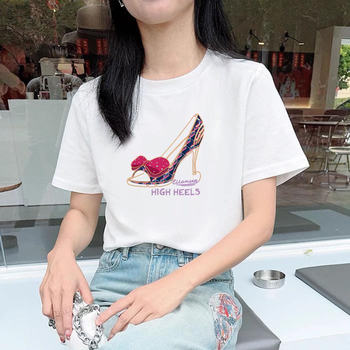 

Женские туфли на высоком каблуке, повседневная новая хлопковая летняя универсальная модель в зарубежном стиле, инс, топ, тонкая футболка, тренд S