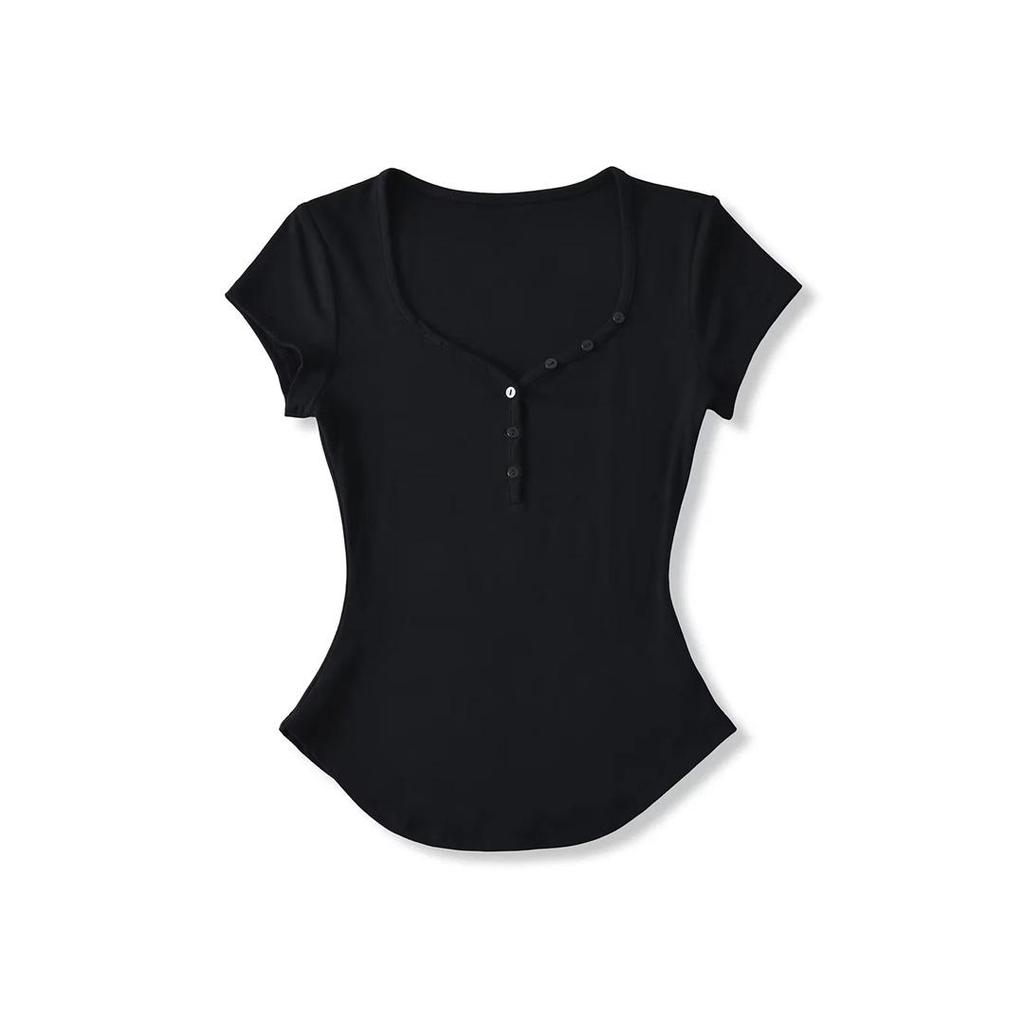 Damen Einfarbiges Slim-Fit T-Shirt mit Herzausschnitt & Gebogenem Saum