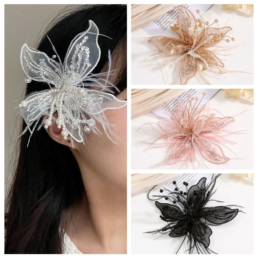 Vintage Sequin Lace Feather Hair Clip Mesh Beads Flower Hairpin Headwear Edge Clip Bridal Wedding Headwear Girl/Women