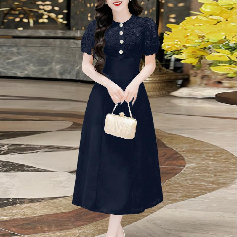 

ZANZEA Женское повседневное длинное платье с кружевной вставкой, круглым вырезом и коротким рукавом 2XL тёмно-синий