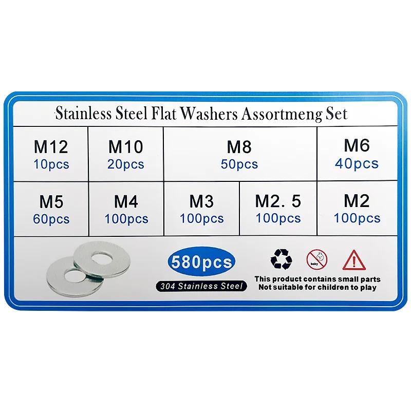 580pcs/Box M2 M2.5 M3 M4 M5 M6 M8 M10 M12 304 Stainless Steel  Flat Washer Plain Gasket
