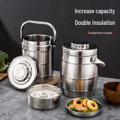 Stainless Steel Double-Layer Insulated Lunch Box with Pot Handle, Drum-Shaped Vacuum Food Container for Office Workers and Students.