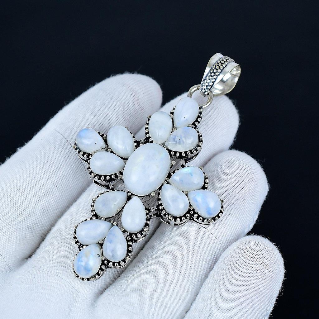 Księżycowy Krzyżyk Wisiorek, Srebro Próby 925 Ręcznie Robiona Biżuteria, Księżycowy Srebrny Wisiorek, Biżuteria na Imprezę dla Kobiet, Wisiorek Prezent Noworoczny