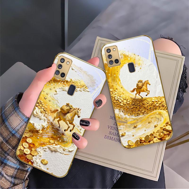 Golden Galloping Horse For Samsung A 31 32 A33 A34 35 14 A15 13 A16 25 26 50 52 53 54 55 56 70 71 72 73 Golden Glass Phone Case