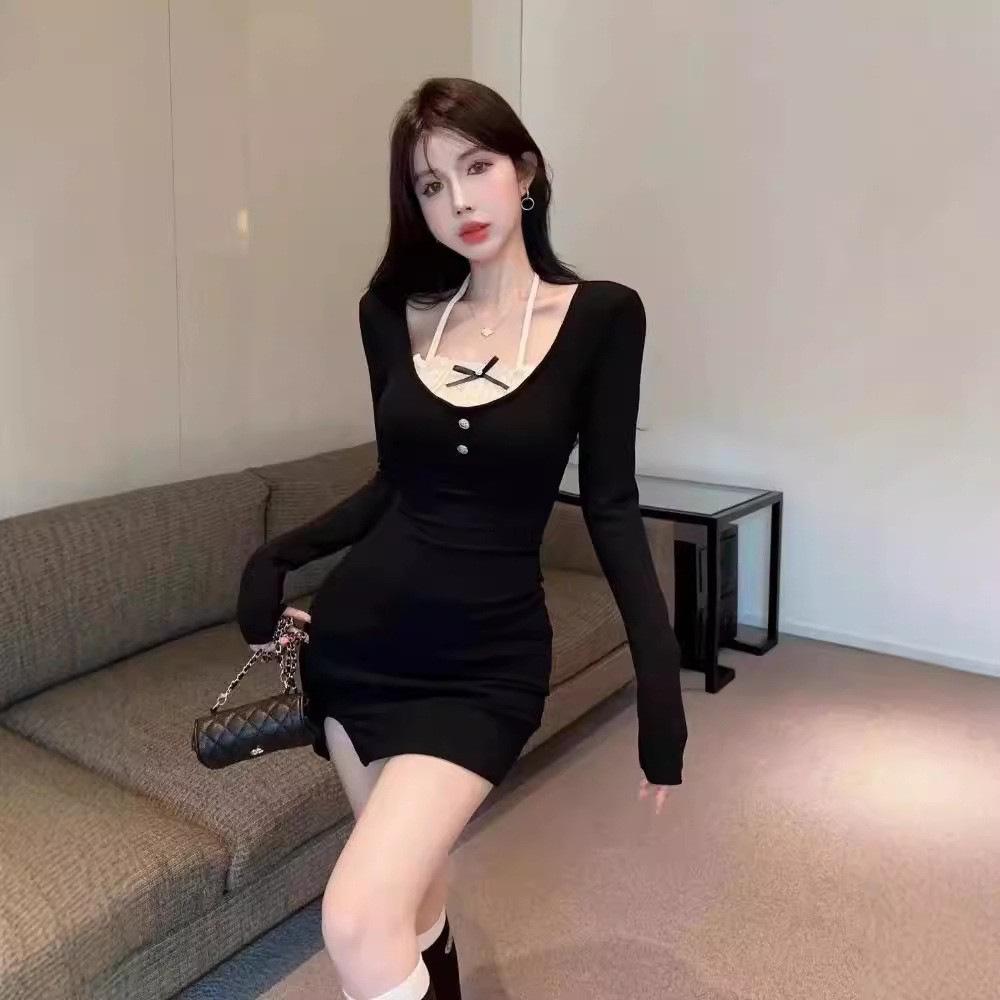Skirts have a high sense of luxury and are super beautiful. Fake two-piece dresses for women's autumn new products. Sexy bottom hip-wrapped skirts.