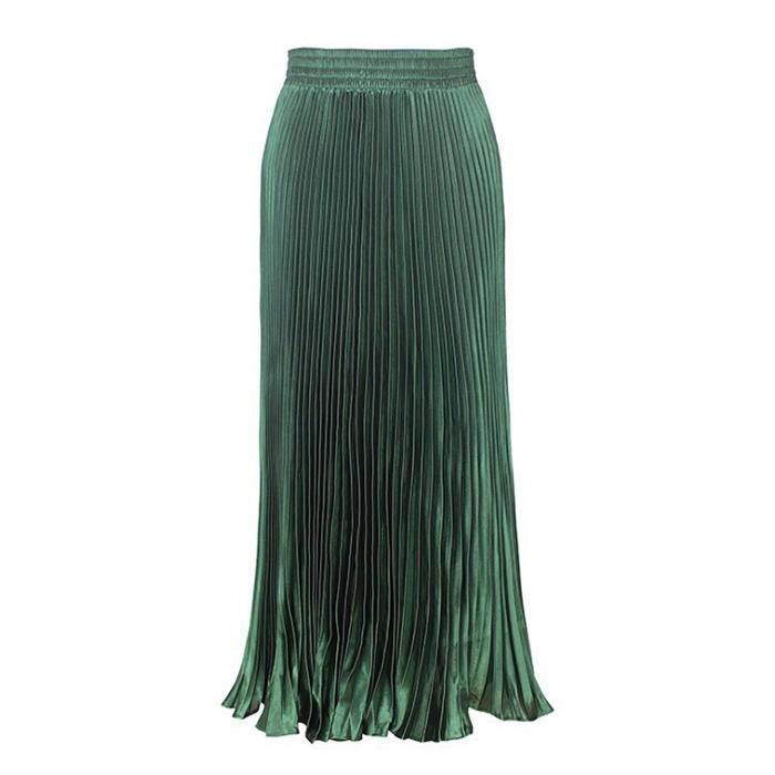 Women Reflective Bright Satin Long Skirt with Solid Color Pleated A-Line Skirts for Fall
