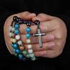 Natural Amazonite Stone Rosary Blue Apatite Black Agate Beads Necklace Hematite Cross Pendant Meditation Blessing Jewelry
