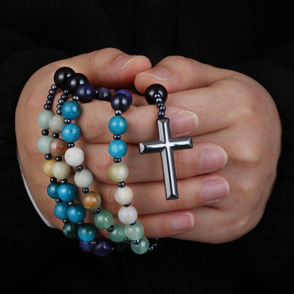 Natural Amazonite Stone Rosary Blue Apatite Black Agate Beads Necklace Hematite Cross Pendant Meditation Blessing Jewelry