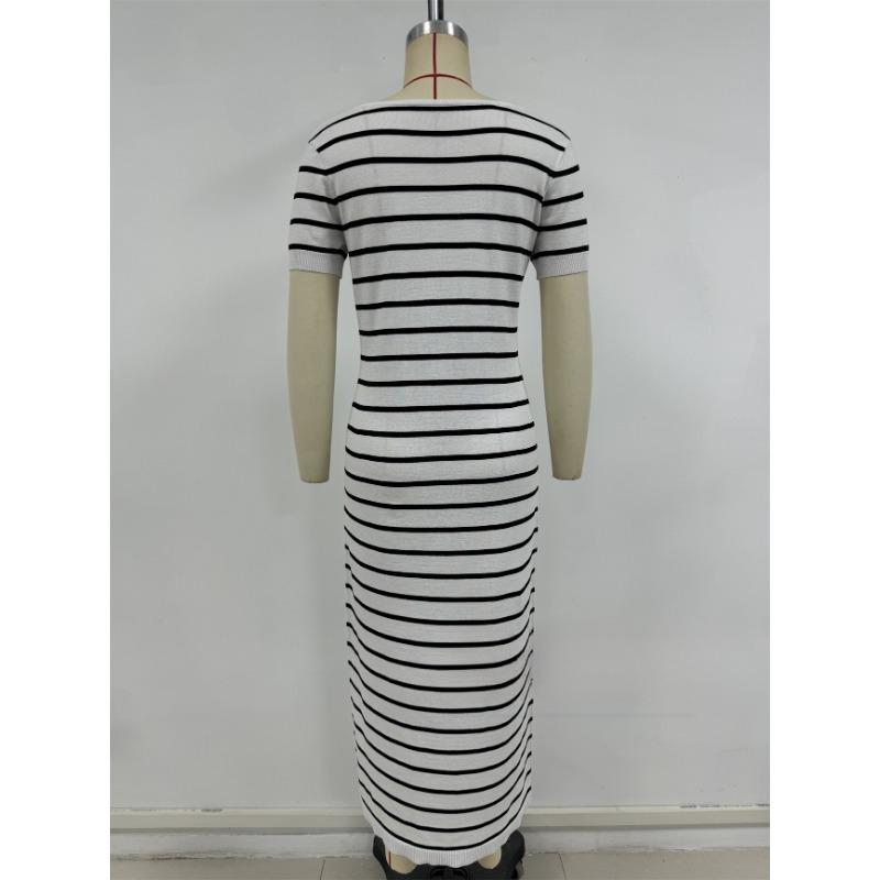 Women's Summer Sexy Knitted Striped Splicing Short Sleeve U Neck Long Dress
