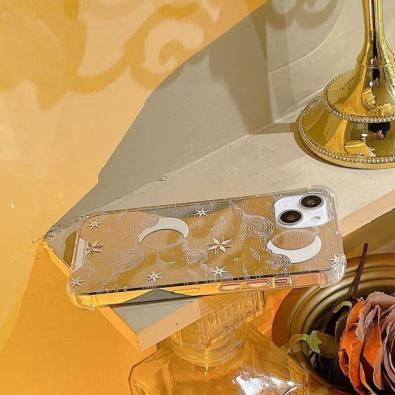 Line Star Moon Pattern Cool Mirror Face Phone Case For iPhone 16 15 14 13 12 11 Pro Max XS Max XR 7 8 Plus Shockproof Back Cover