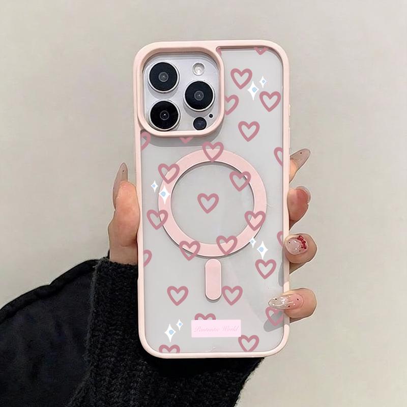 Pink Heart-Shaped Love Pattern Magnetic Transparent Phone Case For iPhone 17 Air 16 15 14 13 12 Pro Max 11 16E 17E 16 Plus Cover
