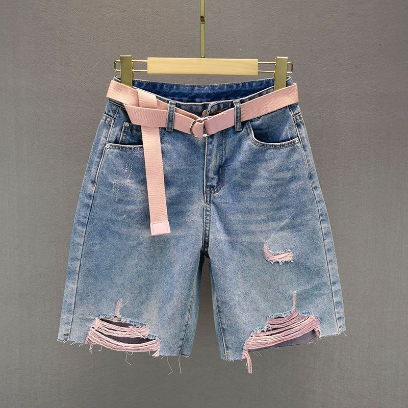 

Light Blue Broken Hole Summer High Waist Ins European Goods Cropped Pants Pink hole XL