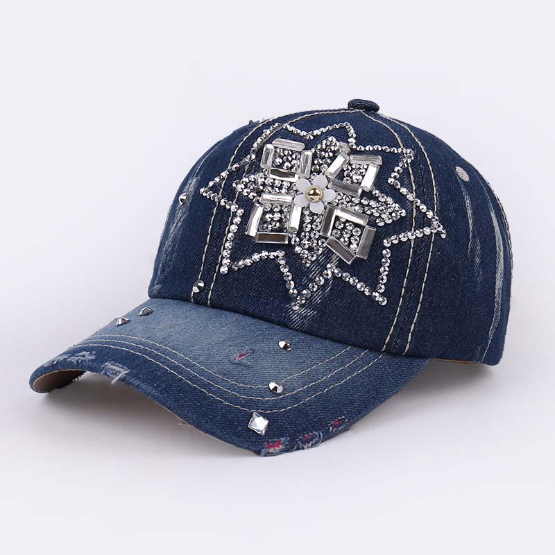 Damen Strass Denim Baseballkappe - Paris Schriftzug Sonnenhut