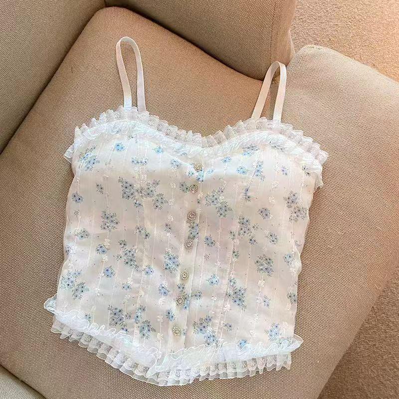 

Green Floral Lace Camisole with Chest Pads - Stylish Bustier Top for Young Women One Size