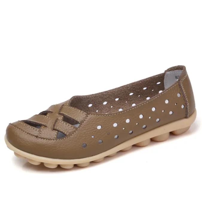 

New Genuine Leather Women Fashion Sandals Hollow Out Soft Sole Flat Heel Comfortable Non Slip Casual Daily Walking Shoes 35 хаки