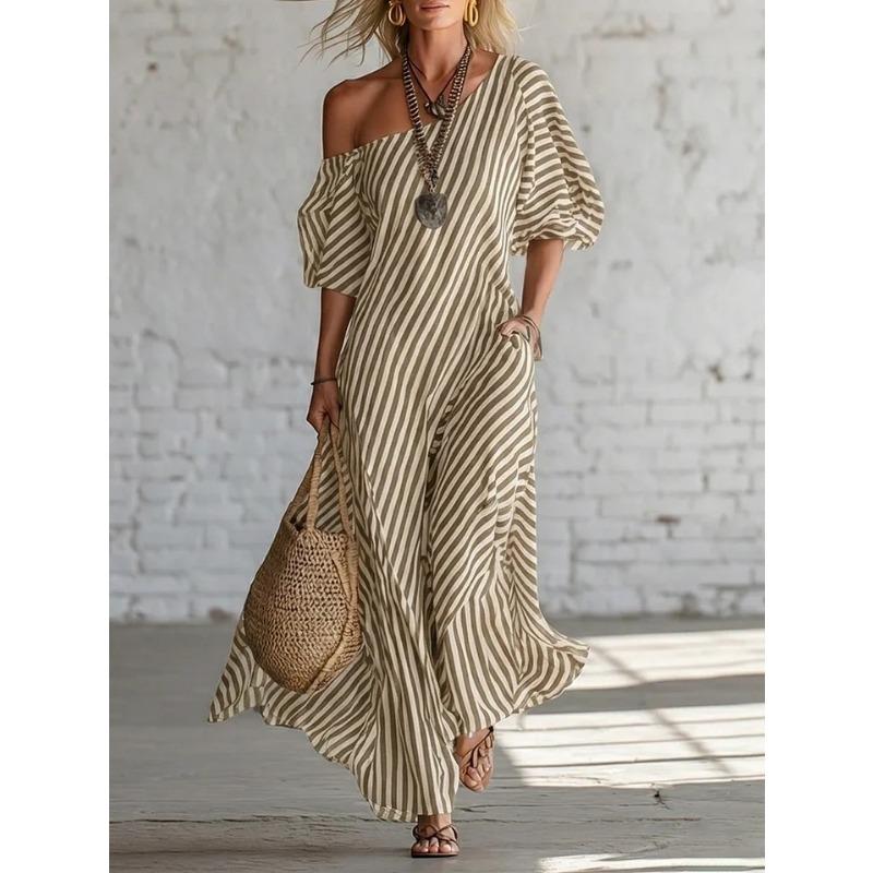 Sommer Neu Damen Elegant Gestreift Mode Vielseitig Lässig Schulterfreies Kleid
