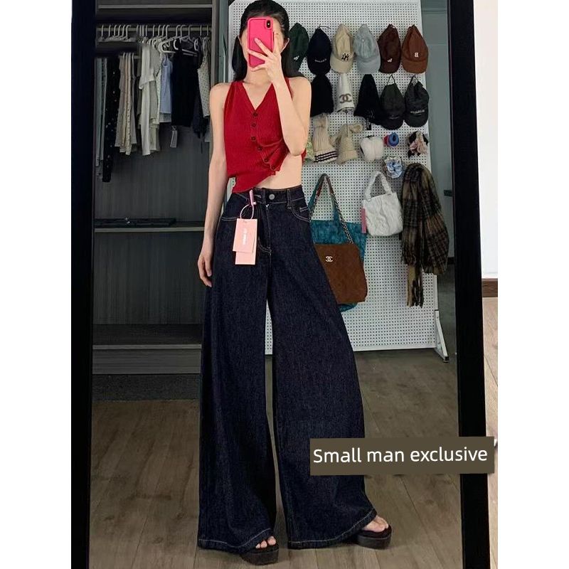 Hong Kong Style Retro Blue Loose-Fitting Loose Pants Denim Women's High Waist Slimming Straight Pants Mop Pants Summer