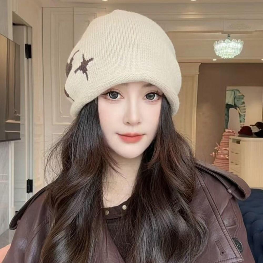 Casual Star Pattern Knitted Woolen Hat Thickened Windproof Drawstring Beanie Cap Cold-proof Keep Warm Cover Head Cap Women