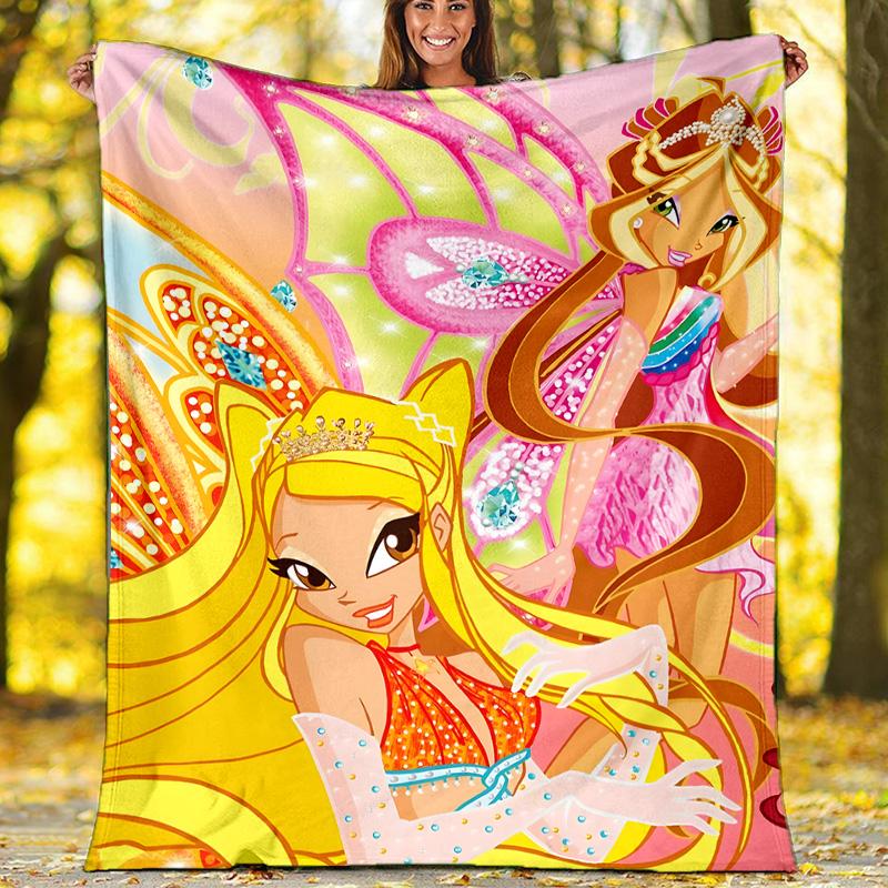 1pc W-Winx Club Theme Blanket - Digital Print, Polyester, Cozy for All Seasons, Perfect for Outdoor, and Travel