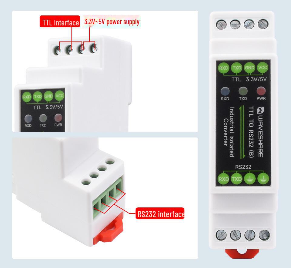 Rail-Mount TTL to RS232 Module with Electrical Isolation and Multi-Level Surge Protection