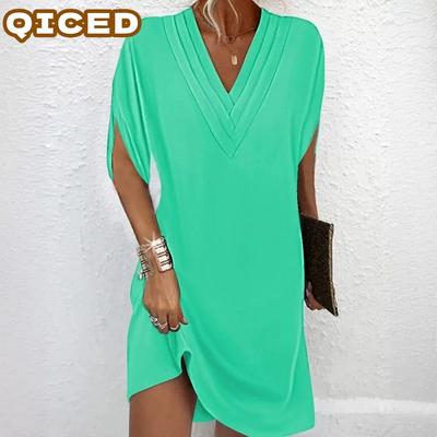 Fashion Summer Spring Solid Color Print Short Sleeve V-Neck Casual Dresses