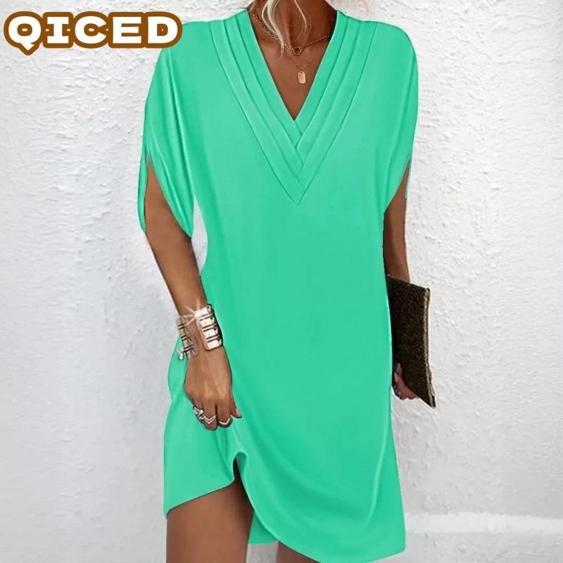 QICED Abiti casual da donna a maniche corte con scollo a V, tinta unita o stampati, per estate e primavera