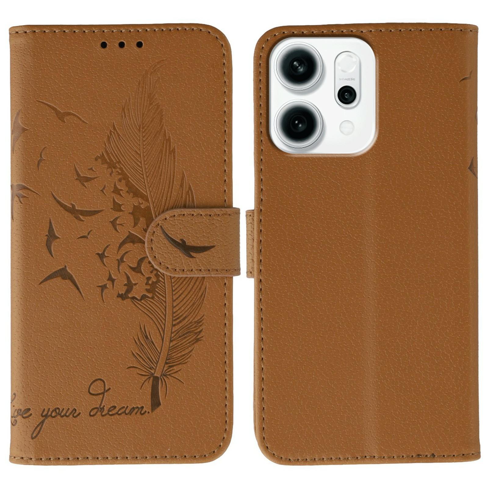 

For Oppo Reno14 F 5G Case Feather Imprint PU Leather Wallet Phone Cover Brown