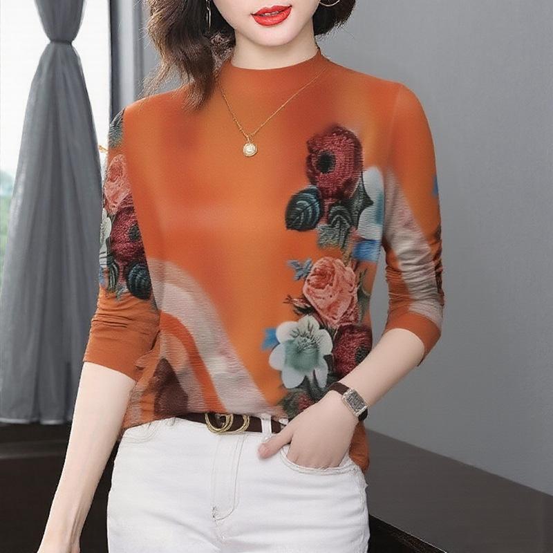 Women's Fleece-Lined Printed Long-Sleeve Top: Loose, Stylish, Warm Base Layer for Middle-Aged & Elderly Mothers