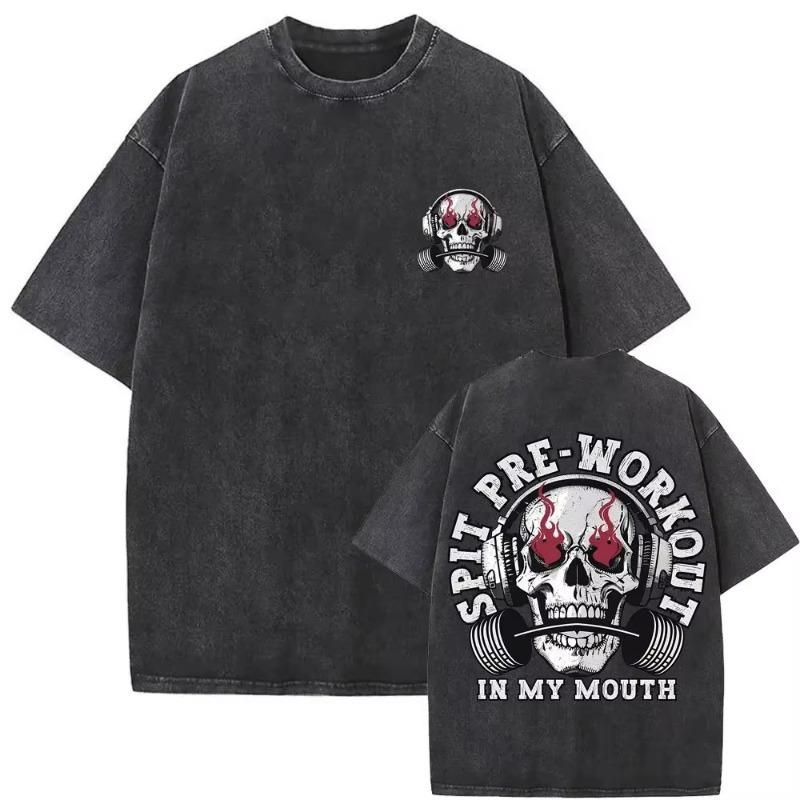 Gewaschene Vintage Mädchen, die essen Trainingsclub Skelett Fitnessstudio Pump Cover T-Shirts Herren Damen Lustig Fitness Lässig Übergroße T-Shirts
