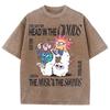 Cartoon Sun And Earth Printed Washed T-Shirt Men Breathable T Shirt Oversize Unisex Fashion Wash Shortwear Cotton Top