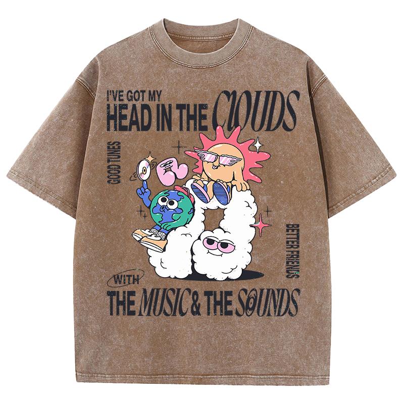 Cartoon Sun And Earth Printed Washed T-Shirt Men Breathable T Shirt Oversize Unisex Fashion Wash Shortwear Cotton Top