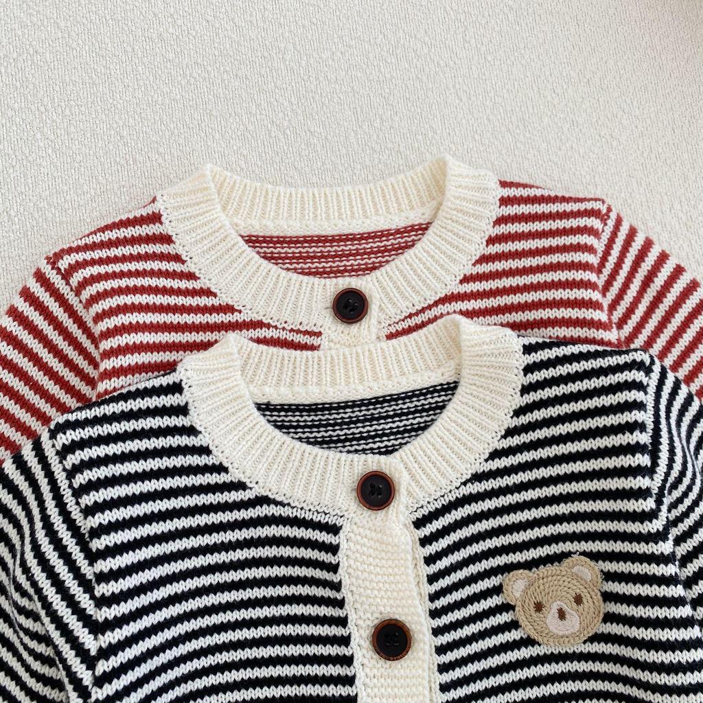 Boys' Striped Bear Embroidery Cotton Knitted Cardigan for Spring/Autumn.