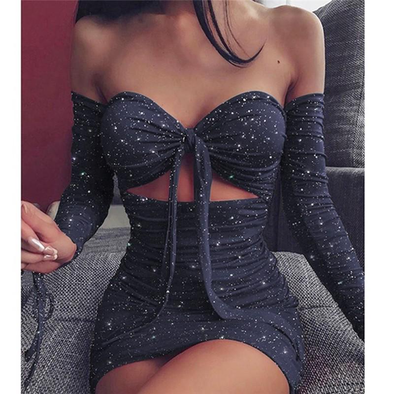 High Quality Women Shiny Crystal Long-sleeved Tube Top Openwork Sexy Dress