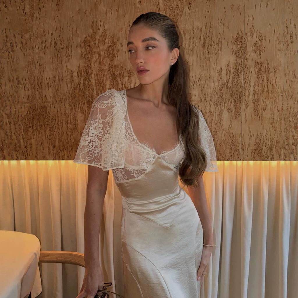 European and American Women's Clothing Summer New Sexy Temperament Lace Splicing Slim and Thin Long Dress