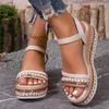 Women'S Espadrille Wedge Sandals with Braided Rope and Rivet Details – Comfortable Open Toe Platform Heels, Beige and Brown Color Scheme