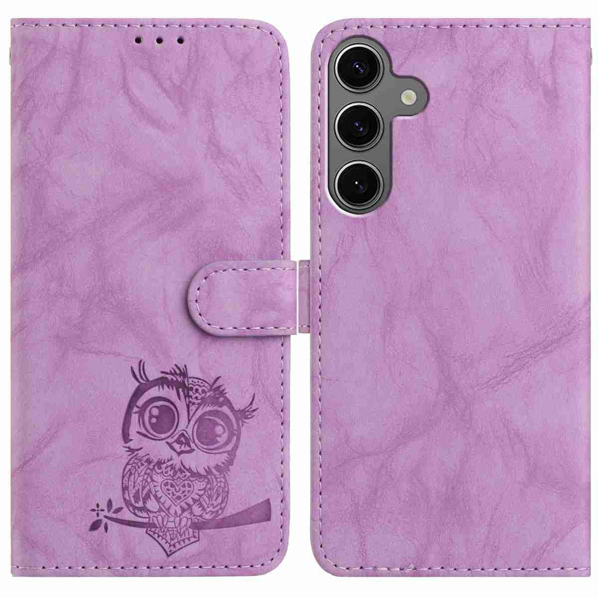 

For Samsung Galaxy S25+/S24+ Case Owl Imprinted PU Leather Wallet Phone Cover with Wrist Strap B