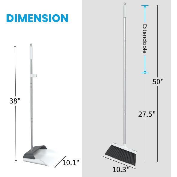 Stand Up Dustpan and Broom Set 50” Long Handle Broom with Dust Pan, 20° Angled for Ergonomic Home Office Indoor Sweeping