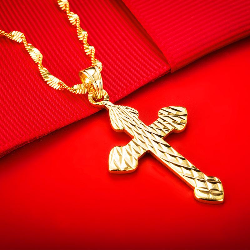 Vintage Gold Sand Cross Pendant Necklace for Men & Women - Copper Imitation Gold, Perfect for Couples, New Trendy Accessory