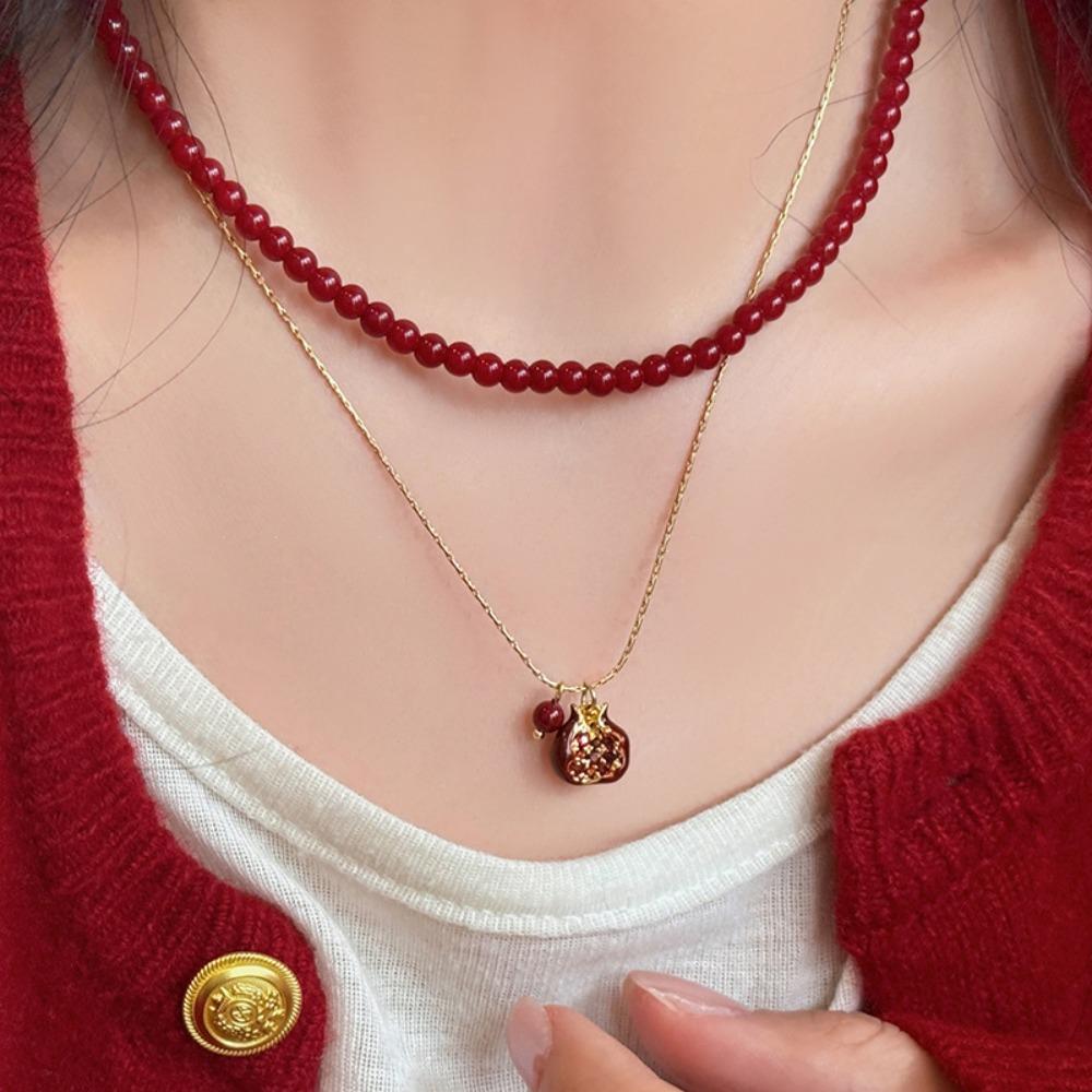 Retro Trendy Red Fruit Pomegranate Pendant Stackable Necklace Earrings Set for Women New Year Lucky Chinese Style Jewelry Sets