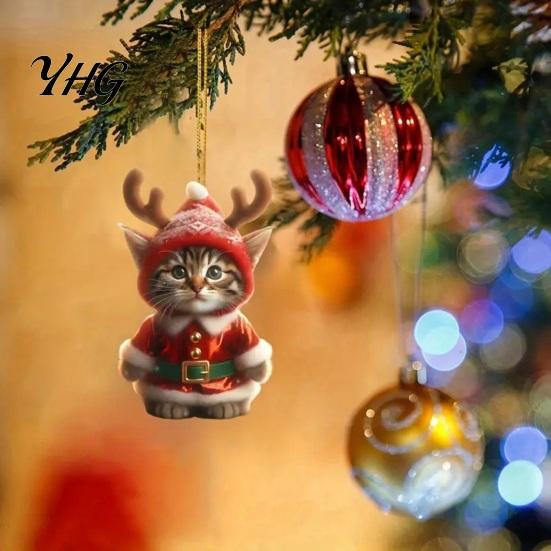 Christmas Car Rearview Mirror Accessories Santa Cat Ornament, Acrylic Hanging Decor with Backpack Charms Reindeer Antlers, 2D Cute Bag Charm