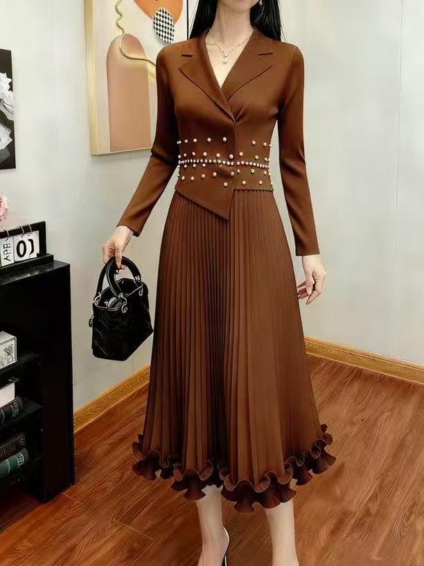 European & American Pleated Lux Plus Size Beaded Long Dress with Suit Collar