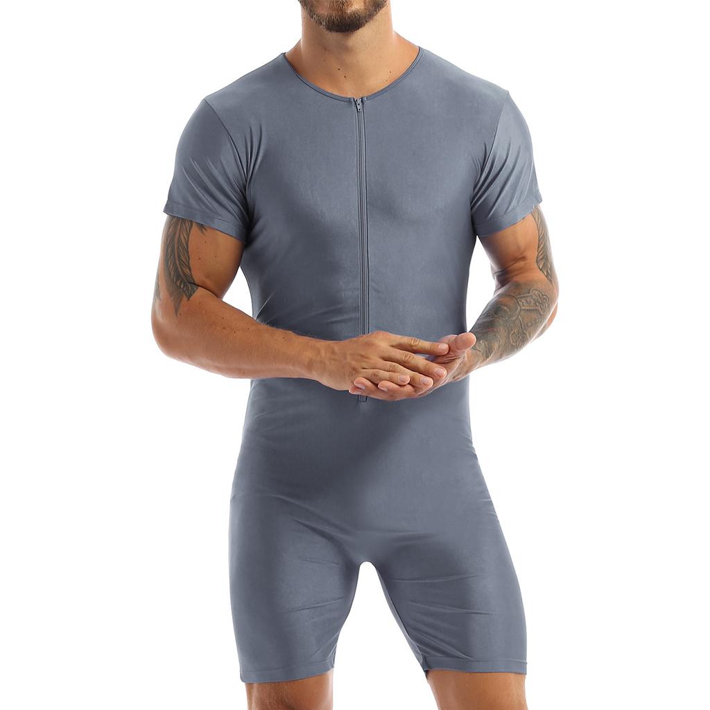 Men's One Piece Short Sleeve Front Zipper Leotard Bodysuit Wrestling Singlet Jumpsuit Romper