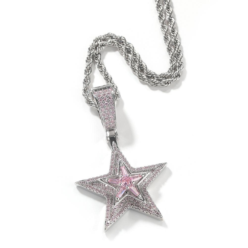 Wind hip-hop diamond-encrusted rotating pentagram pendant necklace explosive trend street