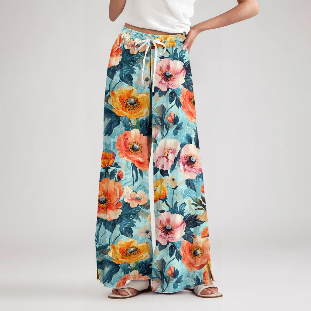 Women's Loose Casual Floral Print Wide Leg Pants With Elastic Waist Drawstring And Pocket Pants