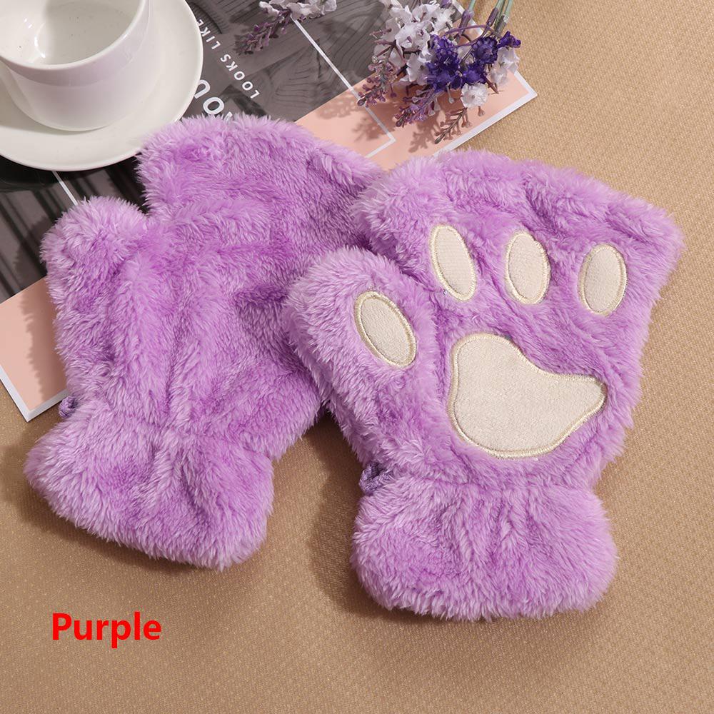 Filles Mitaines d'Hiver Griffe de Chat Gants Chauds en Peluche Moufles Demi- Doigt Epais Motif Patte d'ours Gants Thermique Mignon Joli Douce pour Femme-Beige-Taille unique
