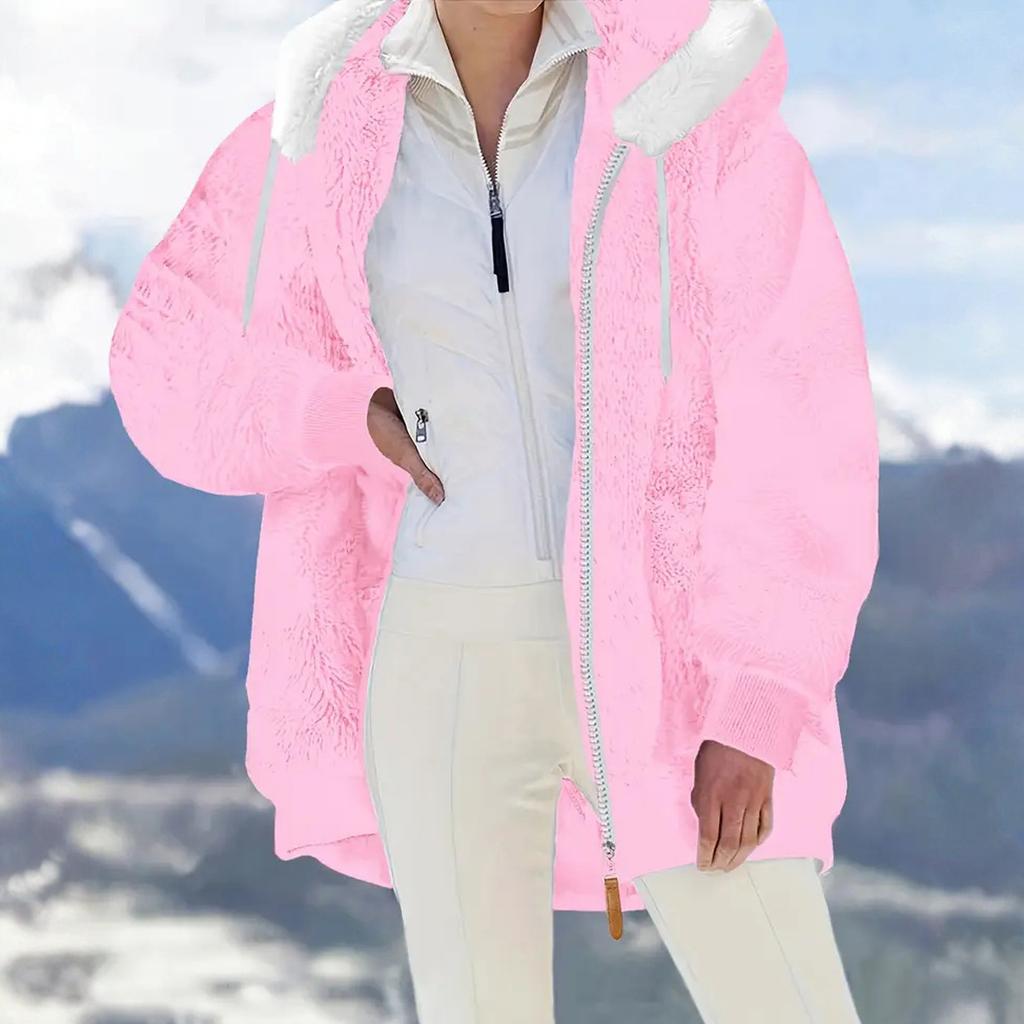 Women's Fashionable Plush Zipper Pocket Hooded Long Sleeved Loose Warm Jacket