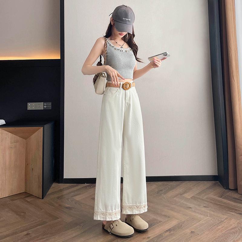 Women s Retro Apricot Wide-Leg Jeans - Summer Style with Embroidered Lace Patchwork Medium