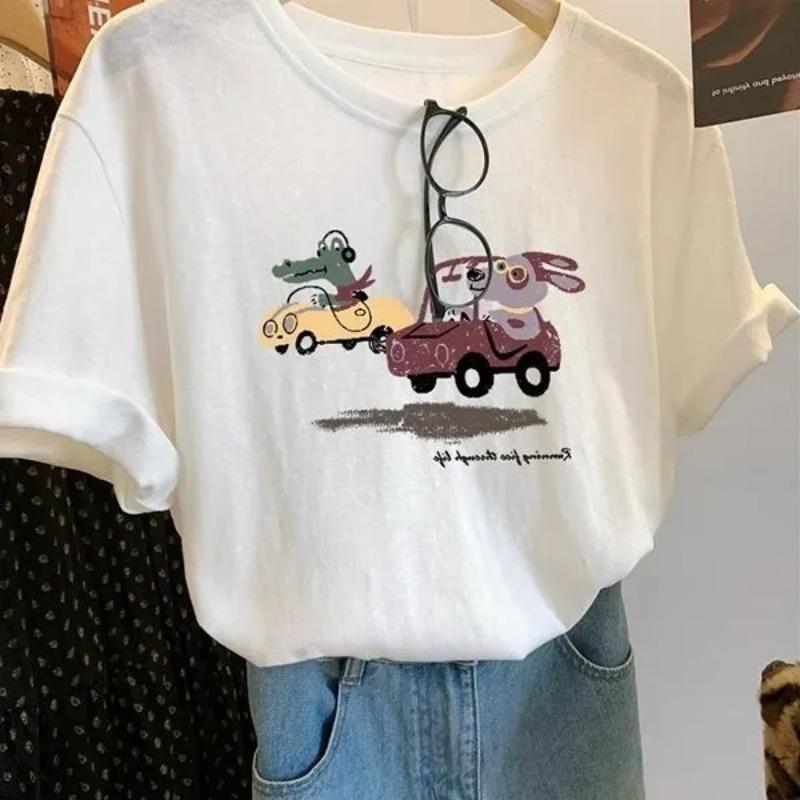 

Womens White Cartoon Animal Print Casual Short Sleeve T Shirt S белый