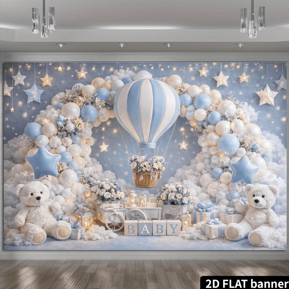 2D flat blue and white balloon arched bear background sky scene design with hot air balloons gift cars letters and lanterns